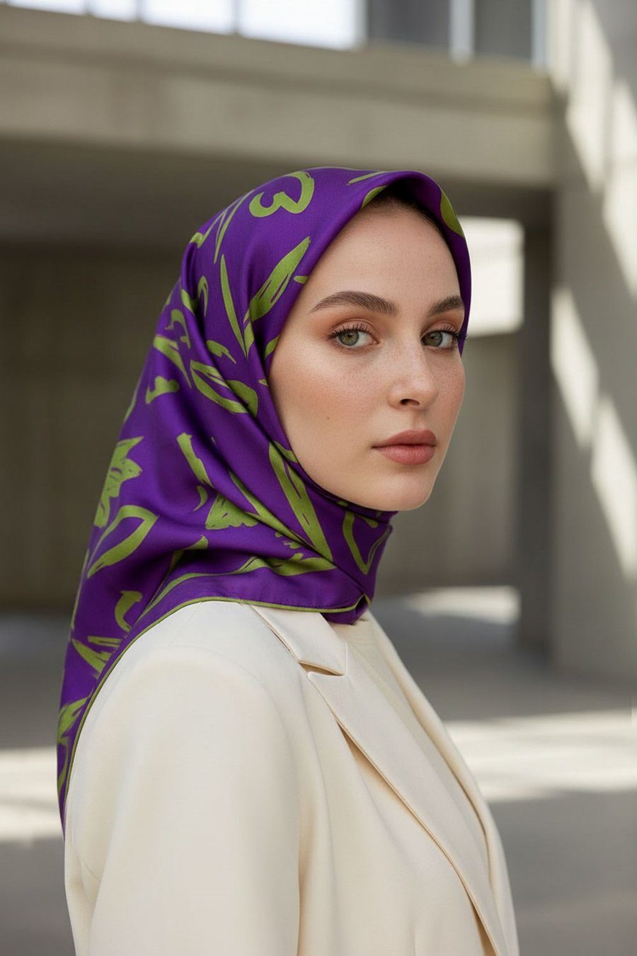 %100 Twill İpek Büyük Çiçek Desenli Mor - Haki Renkli 90x90 Eşarp Dikim Şekli : El Dikişi