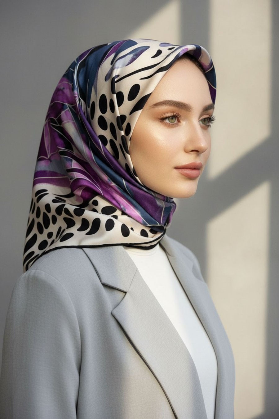 %100 Twill İpek Amazon Desenli Lila - İndigo Renkli 90x90 Eşarp Kenar Dikiş Şekli El Dikişli