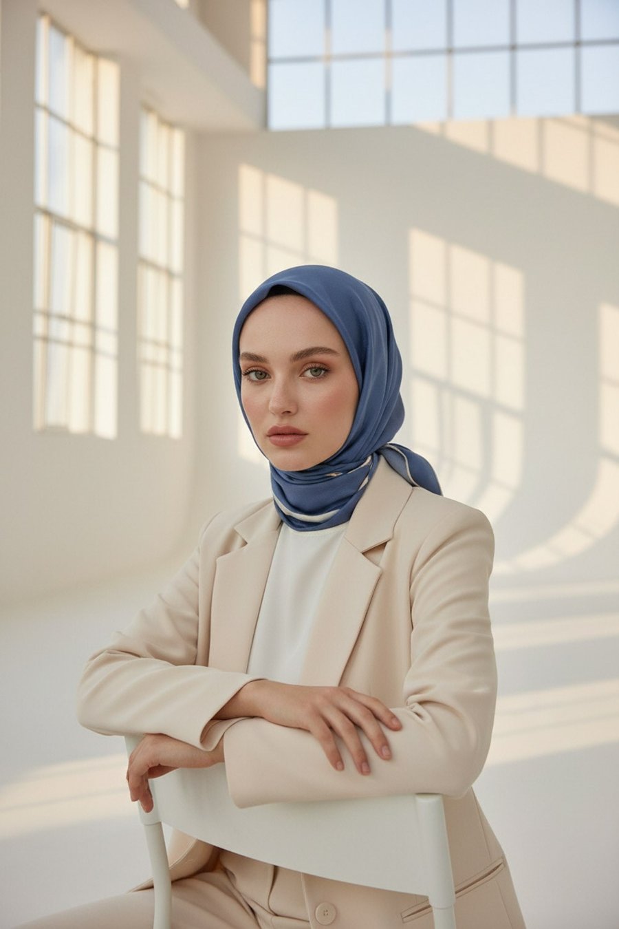 100% Twill İpek Düz Renk Bordür Desenli İndigo - Krem Renkli Daha Tok Exclusive Serisi 90x90 Dikim Şekli : El Dikişi Eşarp