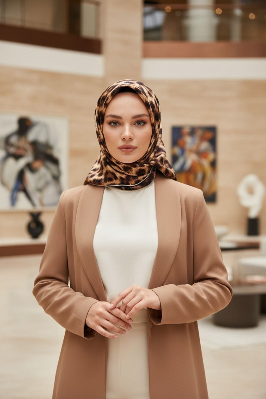 % 57 İPEK % 43 VİSKON Twill İpek Leopar Desenli Hardal - Siyah  Renkli 90x90 Eşarp Dikim Şekli : El Dikişi