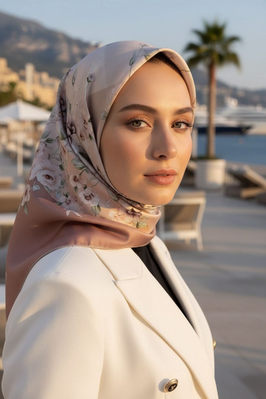 %100 Twill İpek Geometrik Ve Çiçek Desenli Krem - Soğan Kabuğu Renkli 90x90 Eşarp Dikim Şekli : El Dikişi