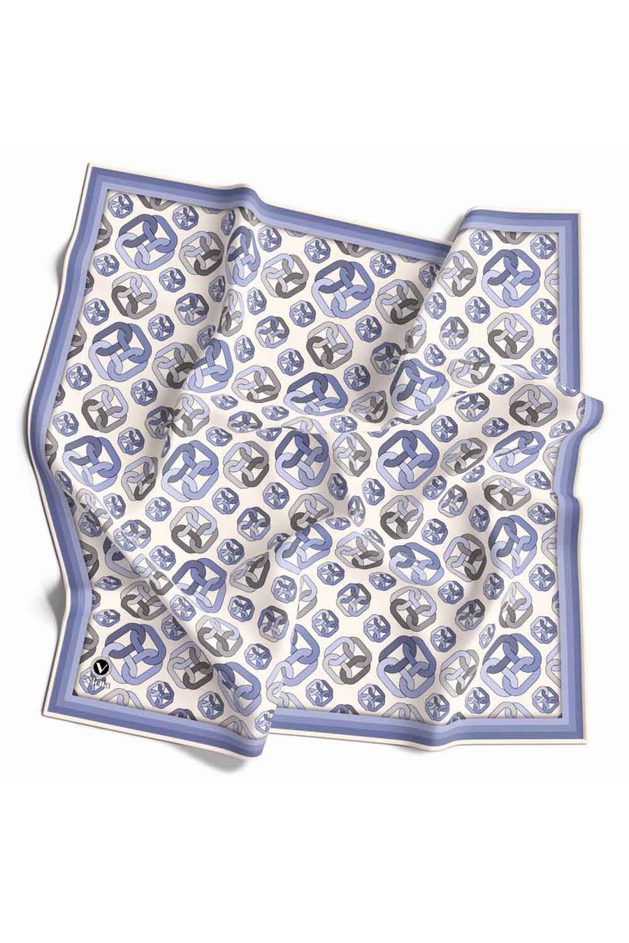 Kristal Zincir Motif Desenli Bebe Mavisi Renkli 90x90 Eşarp (İpek İçermez) Kenar Dikiş Şekli El Dikişli