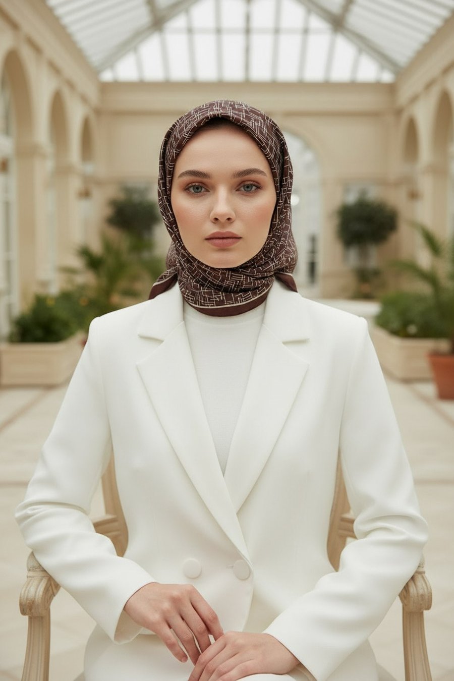 %100 Twill İpek Çizgi Desenli Kahverengi Renkli 90x90 Eşarp Dikim Şekli : El Dikişi