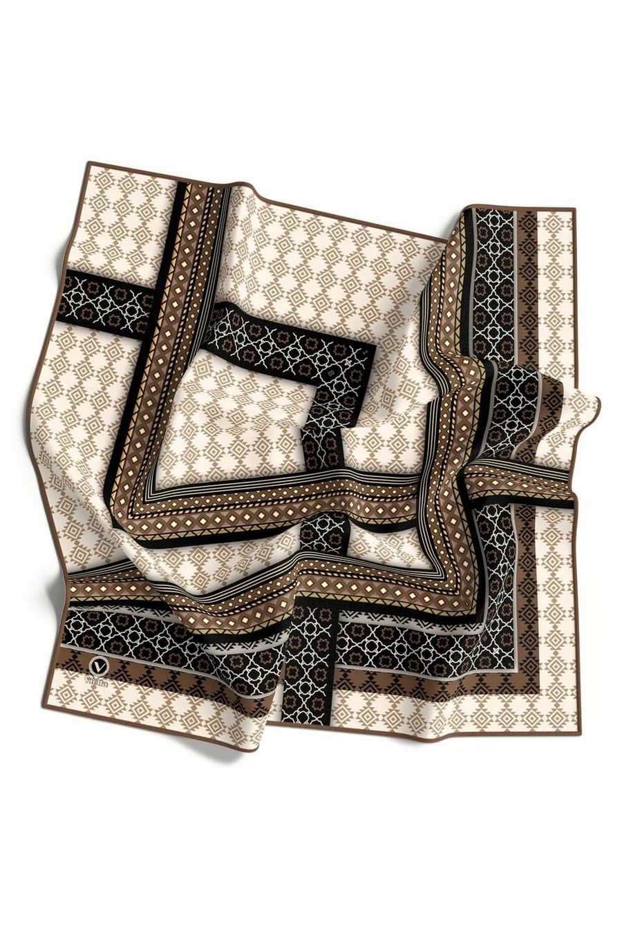 Twill Etnik Desenli Vizon Renkli 90x90 Eşarp (İpek İçermez) Kenar Dikiş Şekli El Dikişli