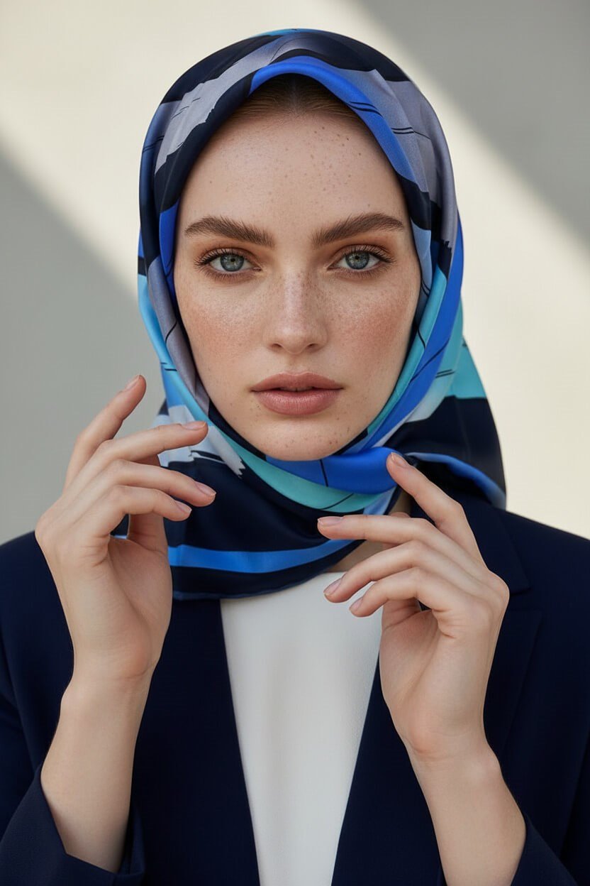 %100 Twill İpek Geometrik Fırça İzi Desenli Lacivert - Saks Renkli 90x90 Eşarp Dikim Şekli : El Dikişi