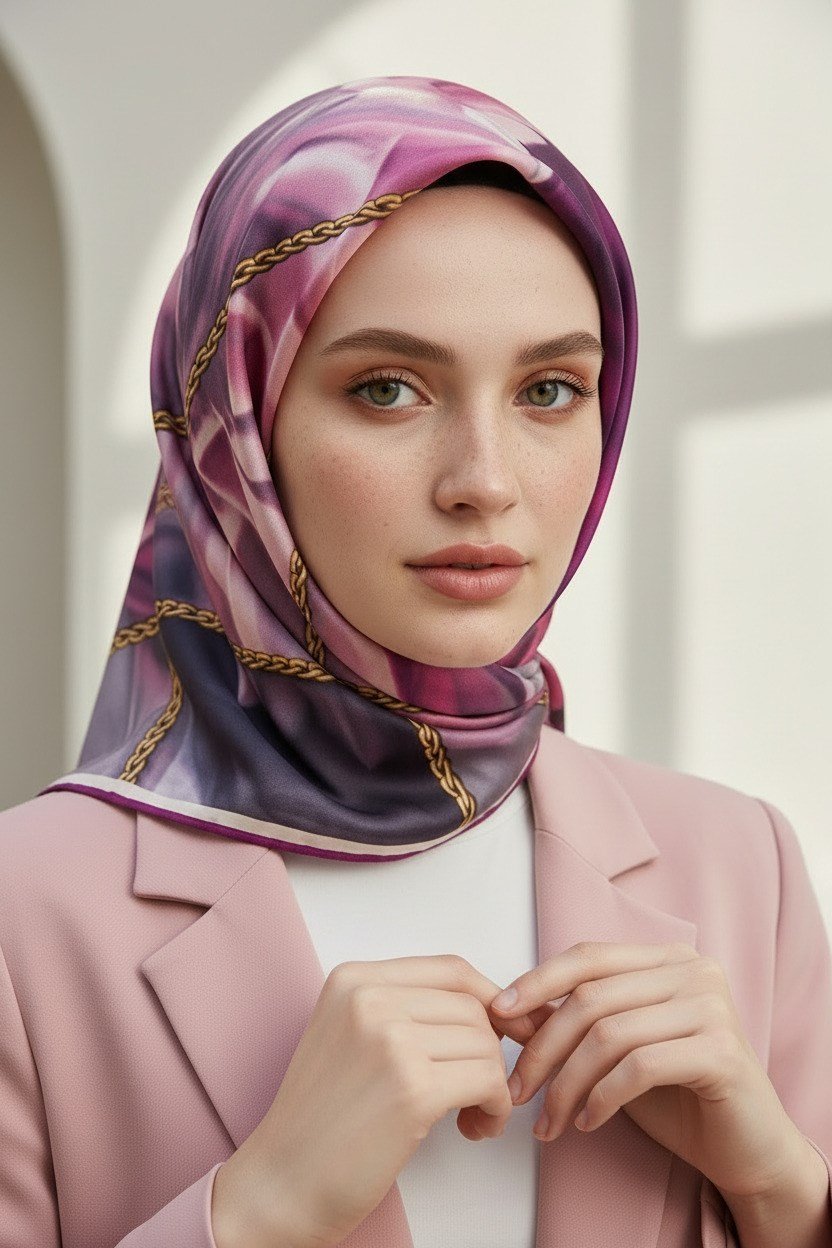 % 57 İPEK % 43 VİSKON Twill İpek Çiçek Geometrik Desenli fuşya Renkli 90x90 Eşarp Dikim Şekli : El Dikişi