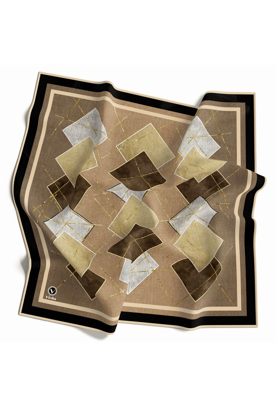 Twill Geometrik Desenli Bej Renkli 90x90 Eşarp (İpek İçermez) Kenar Dikiş Şekli El Dikişli