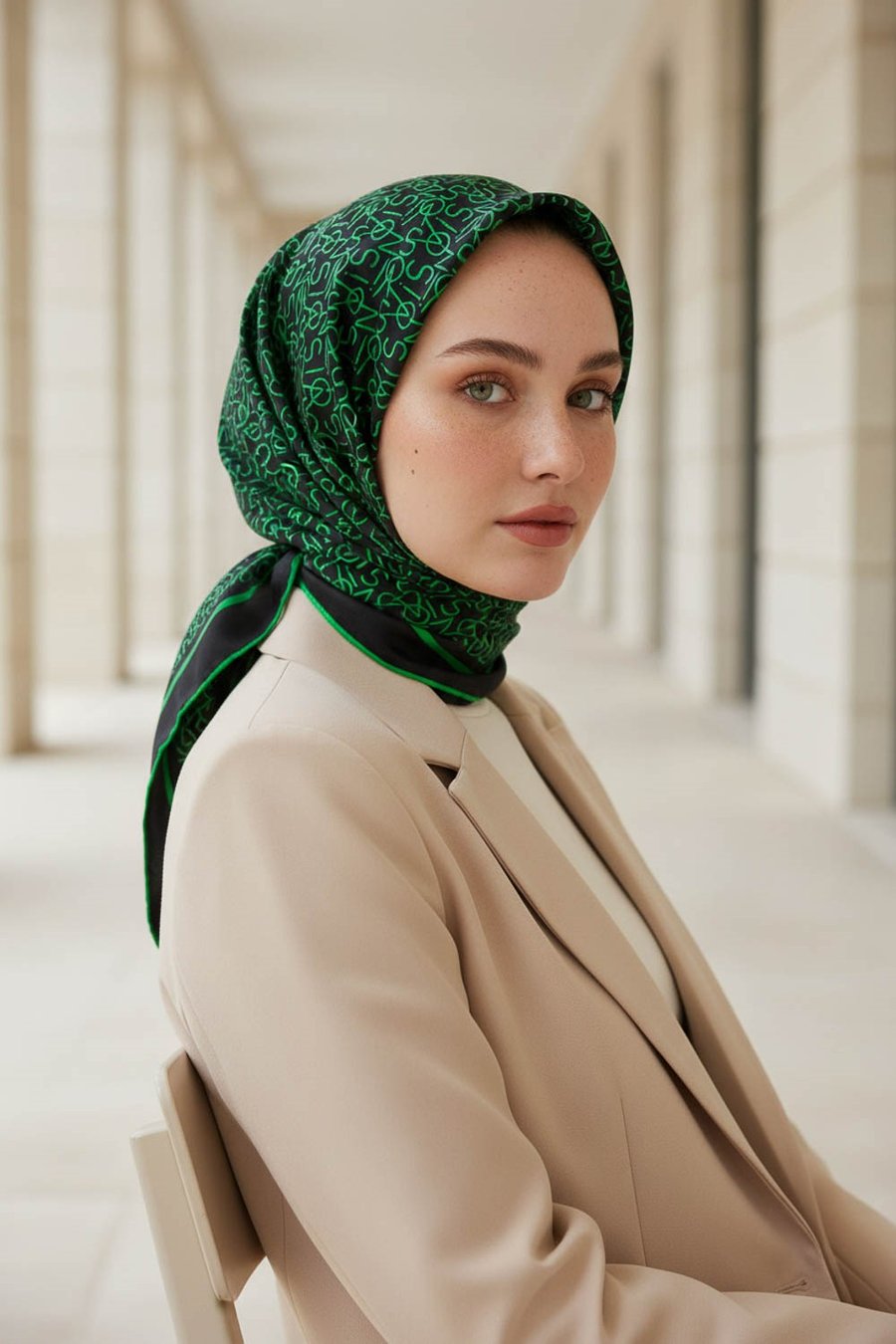 %100 Twill İpek Harf Desenli Siyah - Benetton Yeşili Renkli 90x90 Eşarp Dikim Şekli : El Dikişi