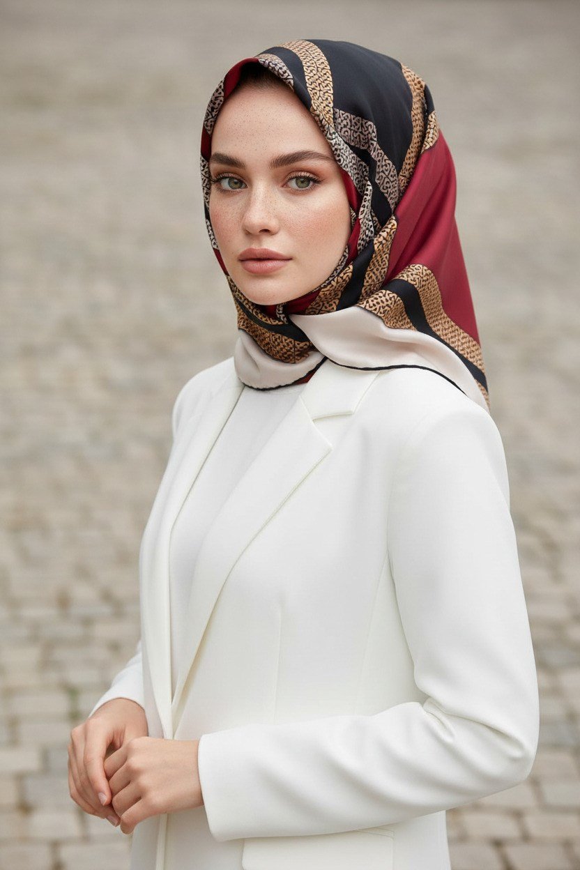 %100 Twill İpek Geometrik Desenli Siyah - Bordo Renkli 90x90 Eşarp Dikim Şekli : El Dikişi