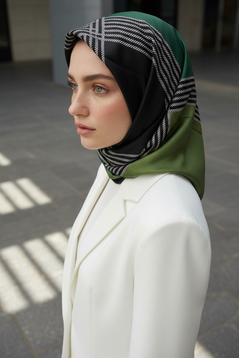 %100 Twill İpek Geometrik Desenli Zümrüt Yeşili Renkli 90x90 Eşarp Dikim Şekli : El Dikişi