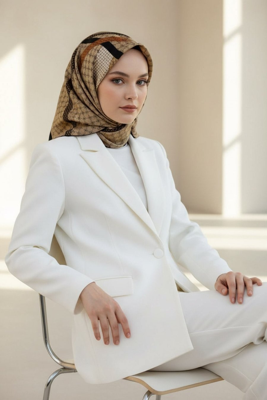 %100 Twill İpek Monogram Ve Şerit Desenli Bej - Siyah Renkli 90x90 Eşarp Dikim Şekli : El Dikişi