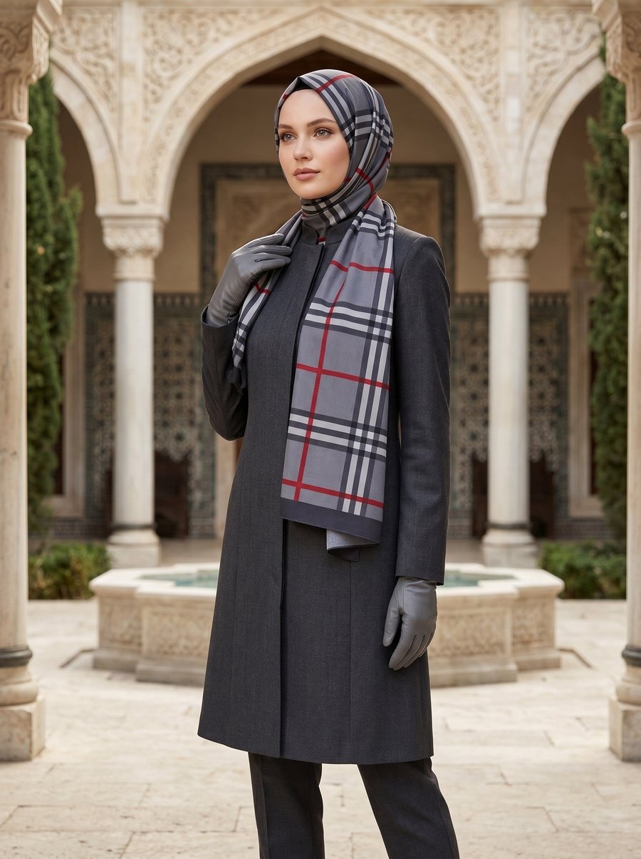 KREP EKOSE DESENLİ SİYAH - KIRMIZI RENKLİ 75X195 KIRIŞMAZ ŞAL