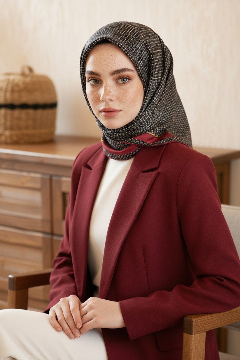 %100 Twill İpek Minik Motif Desenli Siyah - Bordo Renkli 90x90 Eşarp Dikim Şekli : El Dikişi