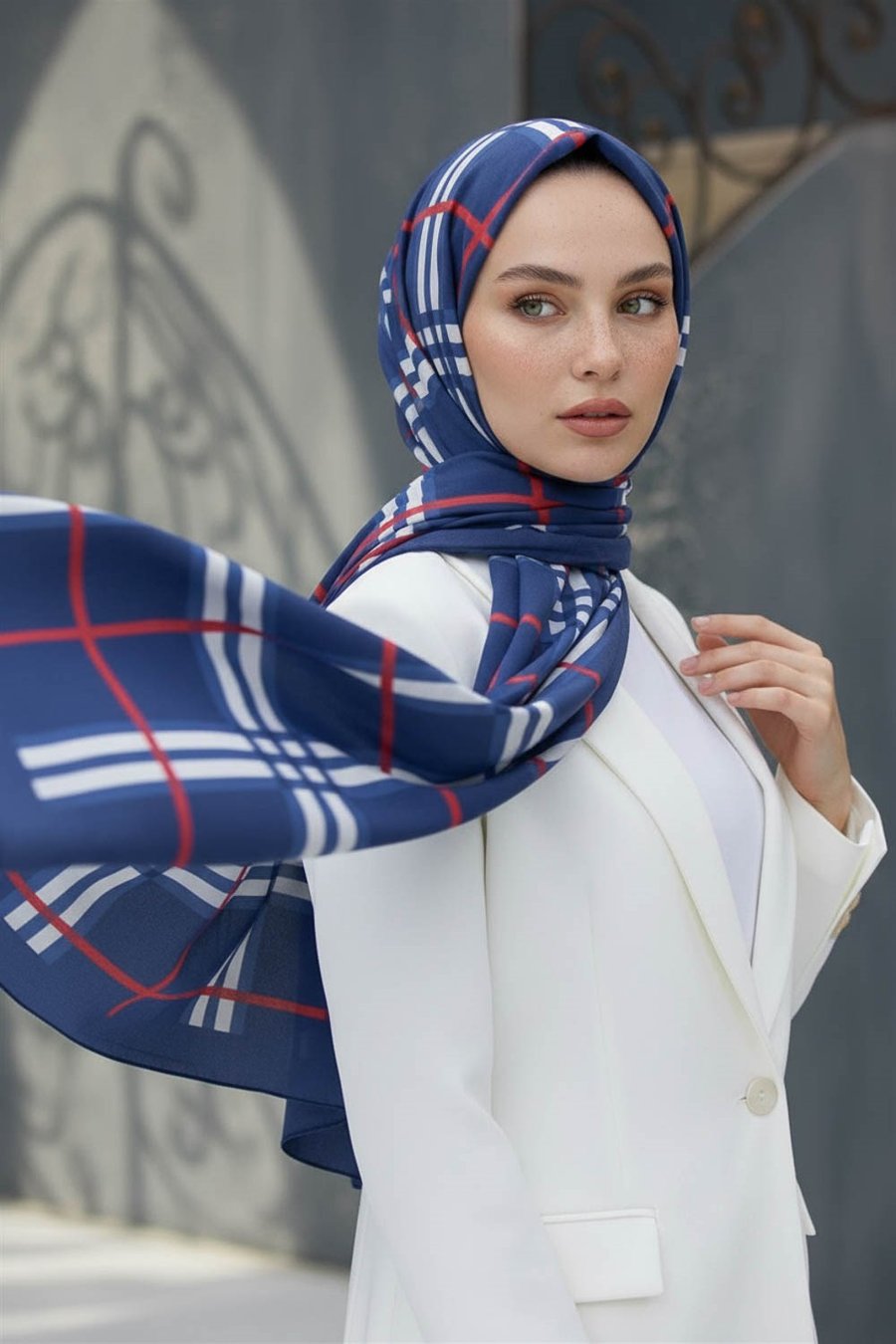 Krep Şal 75x195 Lacivert Ekose Desenli Kırışmaz Kadın Şal