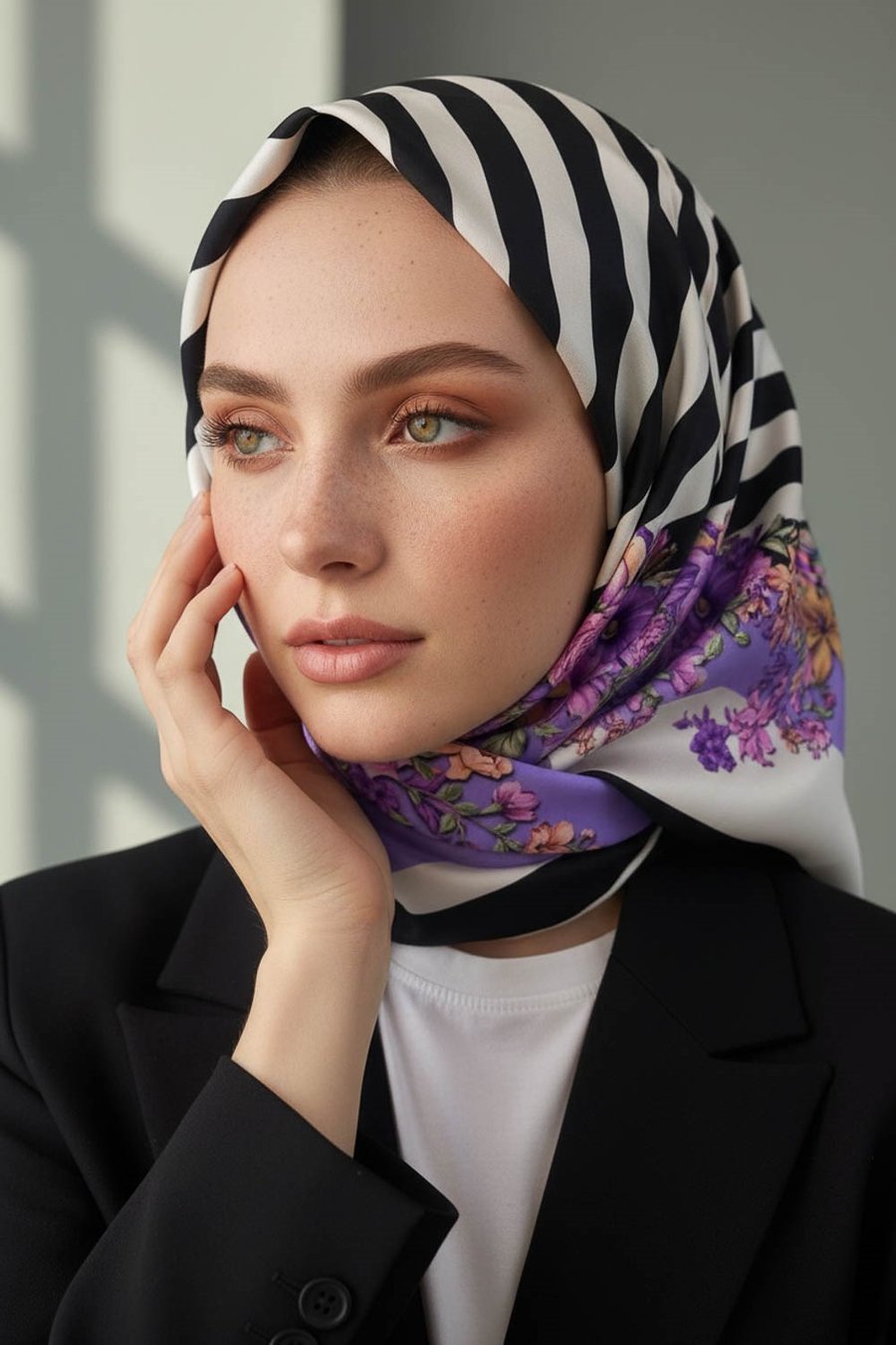 %100 Twill İpek Çıtır Çiçekli Ve Çizgi Desenli Siyah - Lila Renkli 90x90 Eşarp Dikim Şekli : El Dikişi