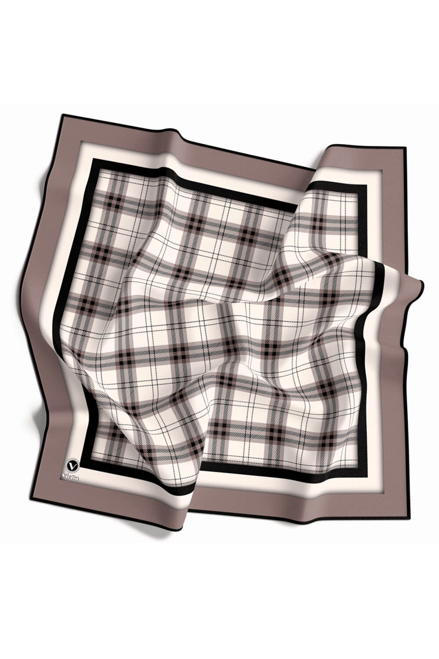 Twill Ekose Desenli Bej Renkli 90x90 Eşarp (İpek İçermez) Kenar Dikiş Şekli El Dikişli