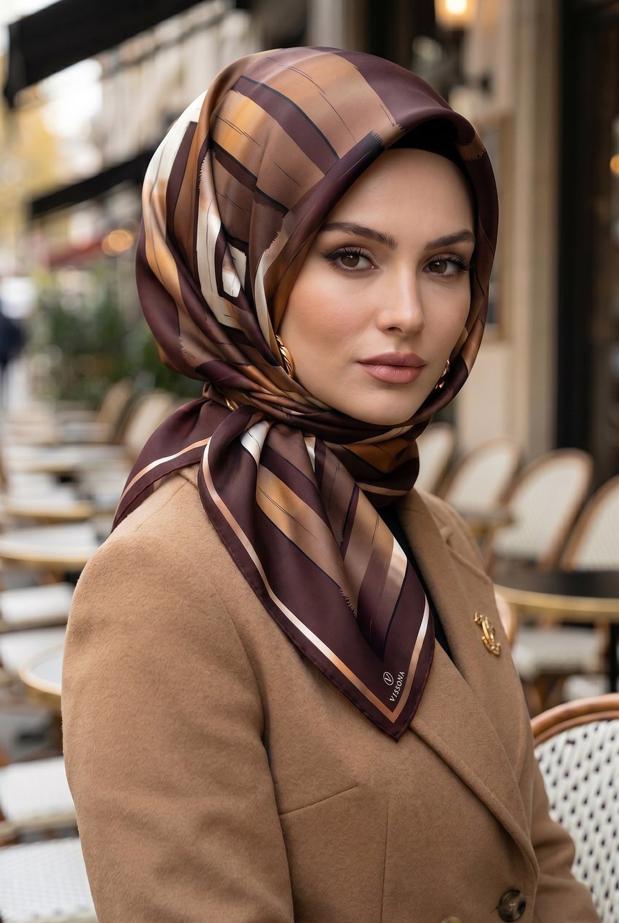 %100 Twill İpek Geometrik Fırça İzi Desenli Kahverengi - Bej Renkli 90x90 Eşarp Dikim Şekli : El Dikişi
