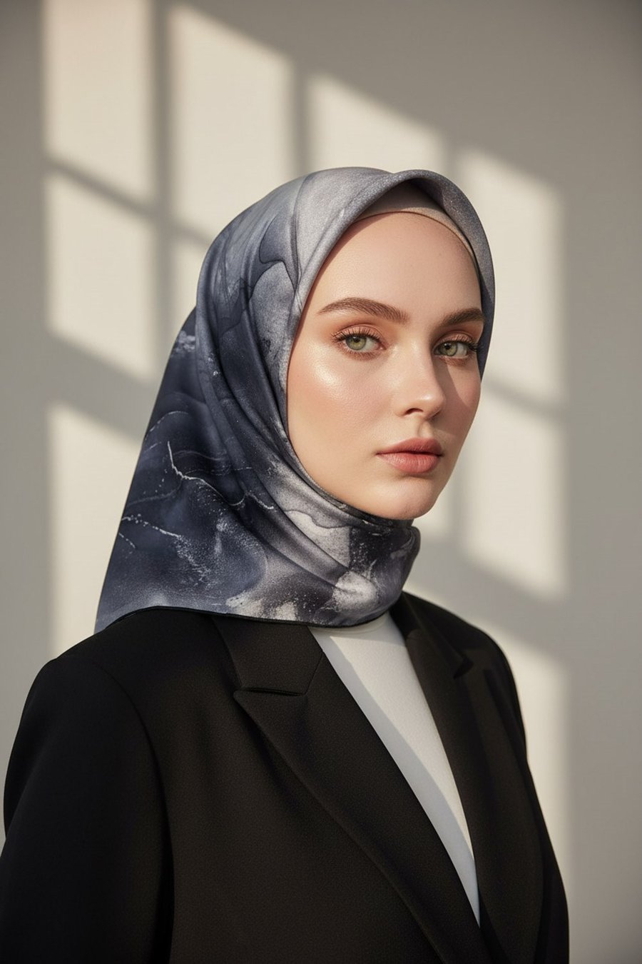 %100 Twill İpek Eşarp 90x90 Mermer Desenli El Dikişli Kadın Eşarp