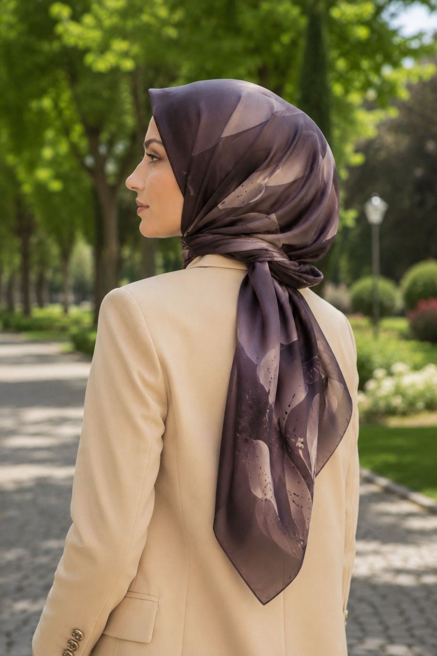 %100 Twill İpek Çiçek Desenli Bej Renkli 90x90 Eşarp Dikim Şekli : El Dikişi