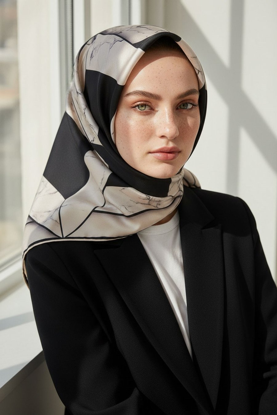 %100 Twill İpek Mermer Desenli Siyah - Krem Renkli 90x90 Eşarp Dikim Şekli : El Dikişi