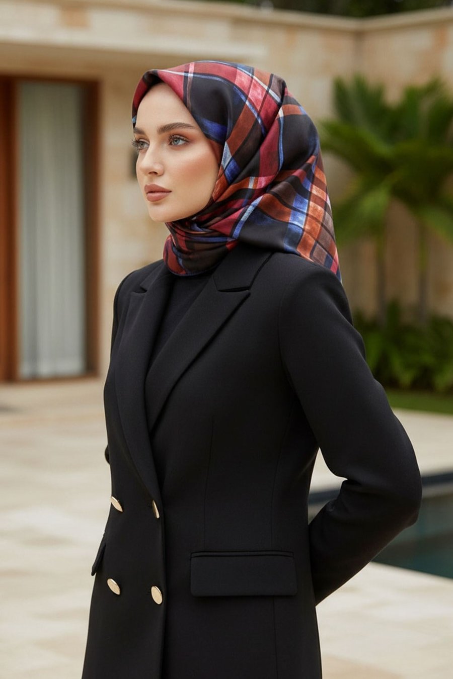 %100 Twill İpek Ekose Desenli Siyah - Kırmızı Renkli 90x90 Eşarp Kenar Dikiş Şekli El Dikişli
