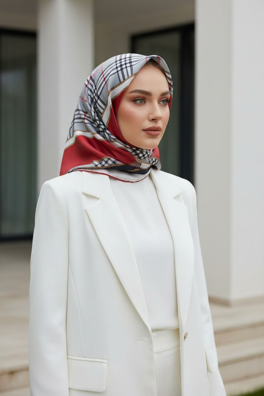 % 57 İPEK % 43 VİSKON Twill İpek Ekose Desenli Bordo Renkli 90x90 Eşarp Dikim Şekli : El Dikişi