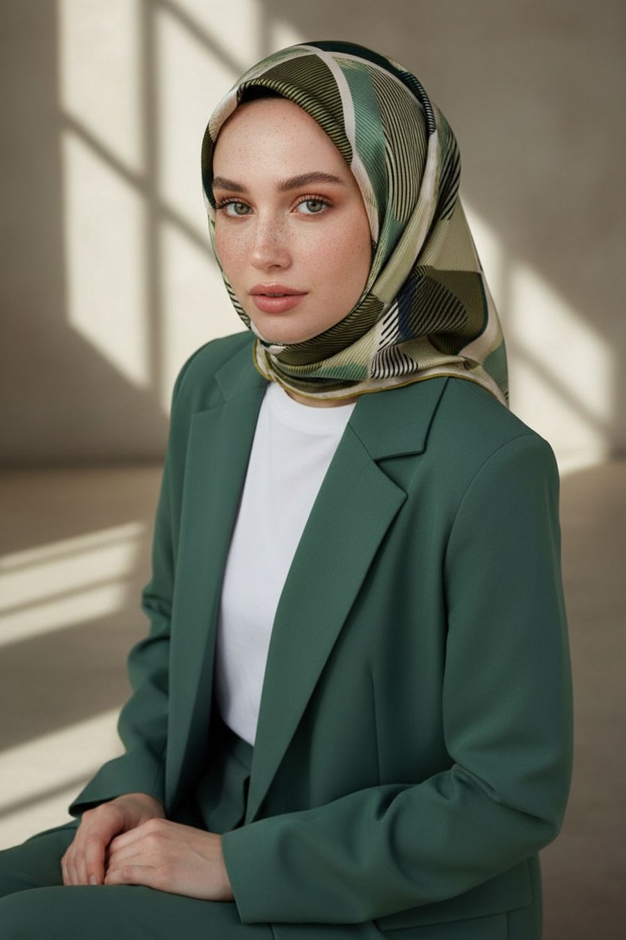 %100 Twill İpek Geometri Desenli Küf Yeşili - Krem Renkli 90x90 Eşarp Kenar Dikiş Şekli El Dikişli