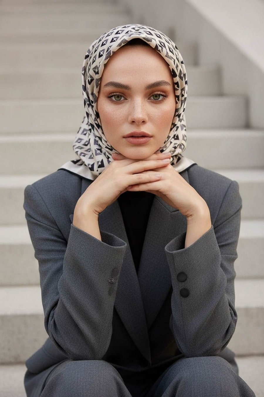 %100 Twill İpek Geometrik Desenli Beyaz - Siyah Renkli 90x90 Eşarp Dikim Şekli : El Dikişi