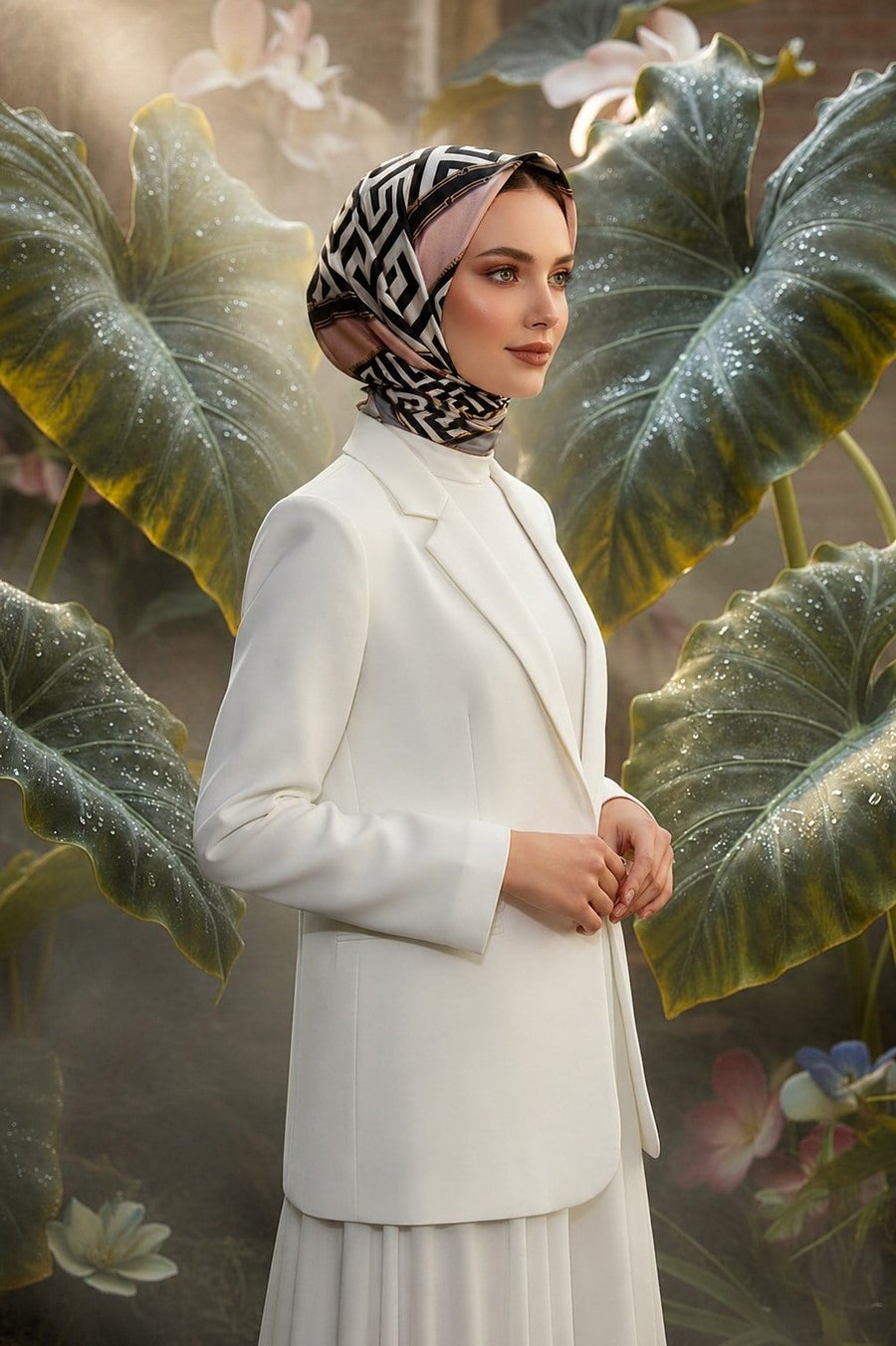%100 Twill İpek Labirent Ve Geometrik Desenli Gri - Pudra Renkli 90x90 Eşarp Dikim Şekli : El Dikişi
