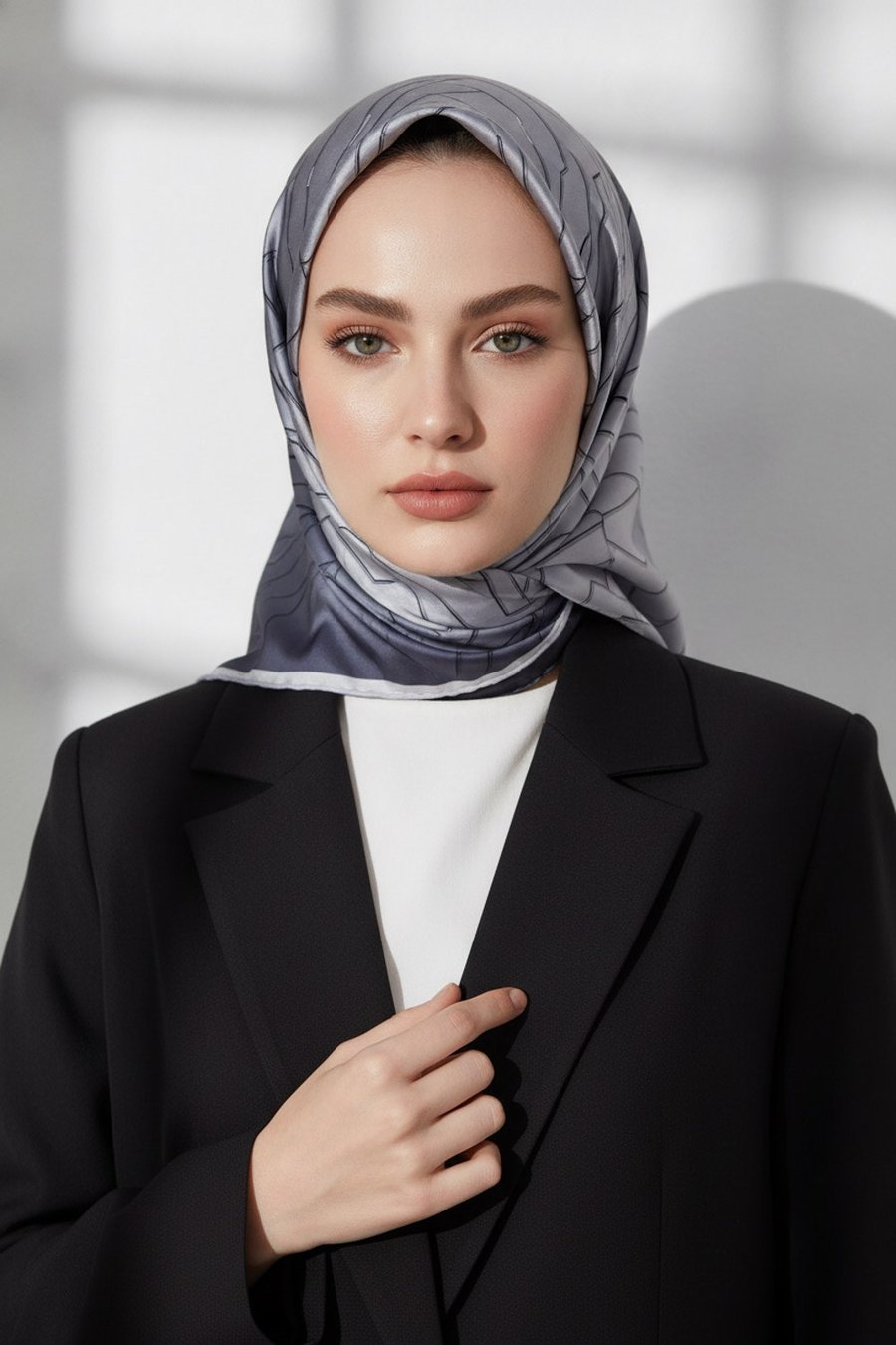 %100 Twill İpek Geometrik Desenli Gümüş Renkli 90x90 Eşarp Dikim Şekli : El Dikişi
