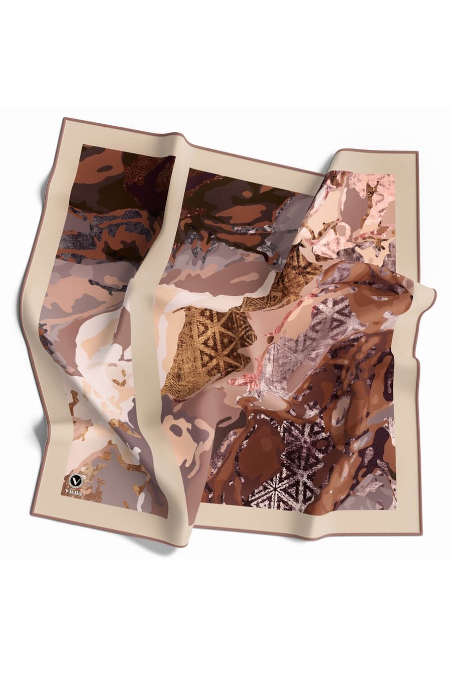Kristal Batikli Ve Etnik Desenli Bakır Renkli 90x90 Eşarp (İpek İçermez) Kenar Dikiş Şekli El Dikişli