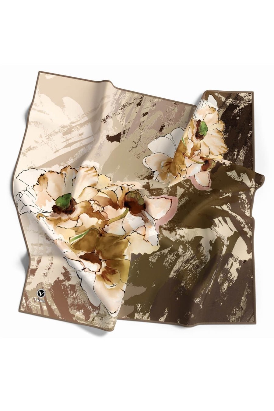 Twill Çiçek Desenli Bej Renkli 90x90 Eşarp (İpek İçermez) Dikim Şekli : El Dikişi