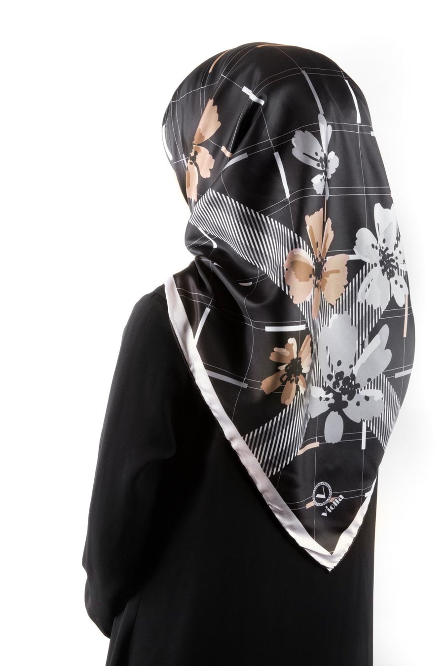 Twill Papatya Desenli Siyah Renkli 90x90 Eşarp (İpek İçermez) Kenar Dikiş Şekli El Dikişli