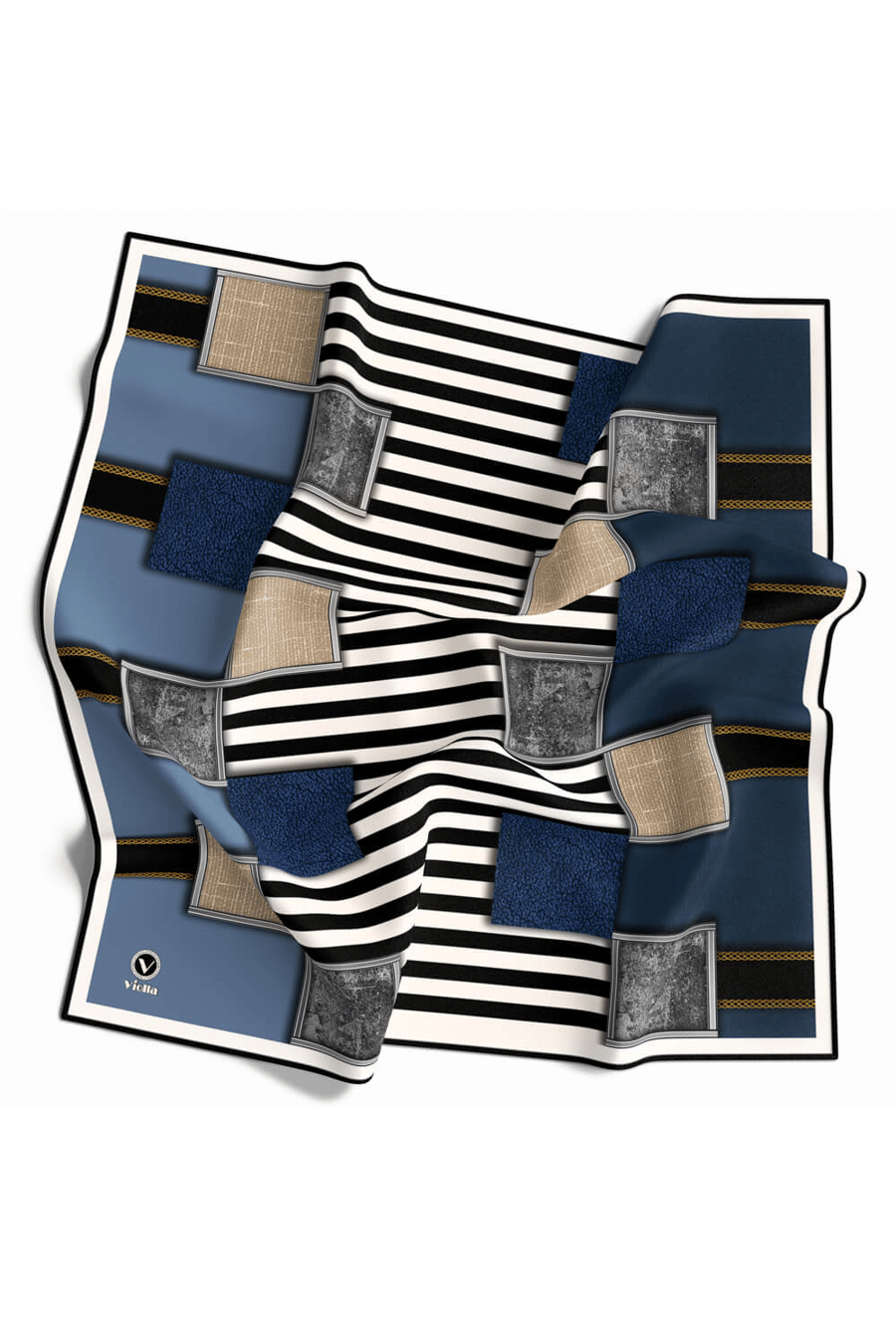 Twill Geometrik Ve Çizgili Desenli İndigo Renkli 90x90 Eşarp (İpek İçermez) Dikim Şekli : El Dikişi