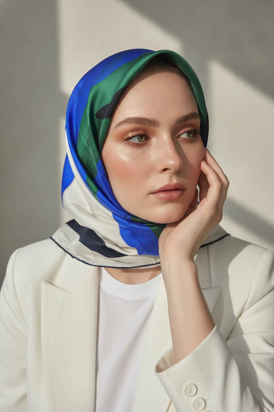 %100 Twill İpek Geometrik Desenli Lacivert - Çam Yeşili Renkli 90x90 Eşarp Dikim Şekli : El Dikişi