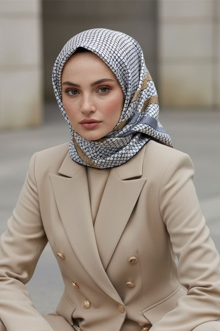 %100 Twill İpek Bantlı Monogram Desenli Gold - Gri Renkli 90x90 Eşarp Dikim Şekli : El Dikişi