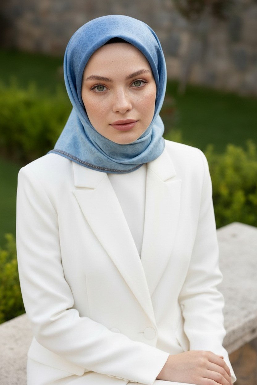 %100 Twill İpek Monogram Desenli Bebe Mavisi Renkli 90x90 Eşarp Dikim Şekli : El Dikişi