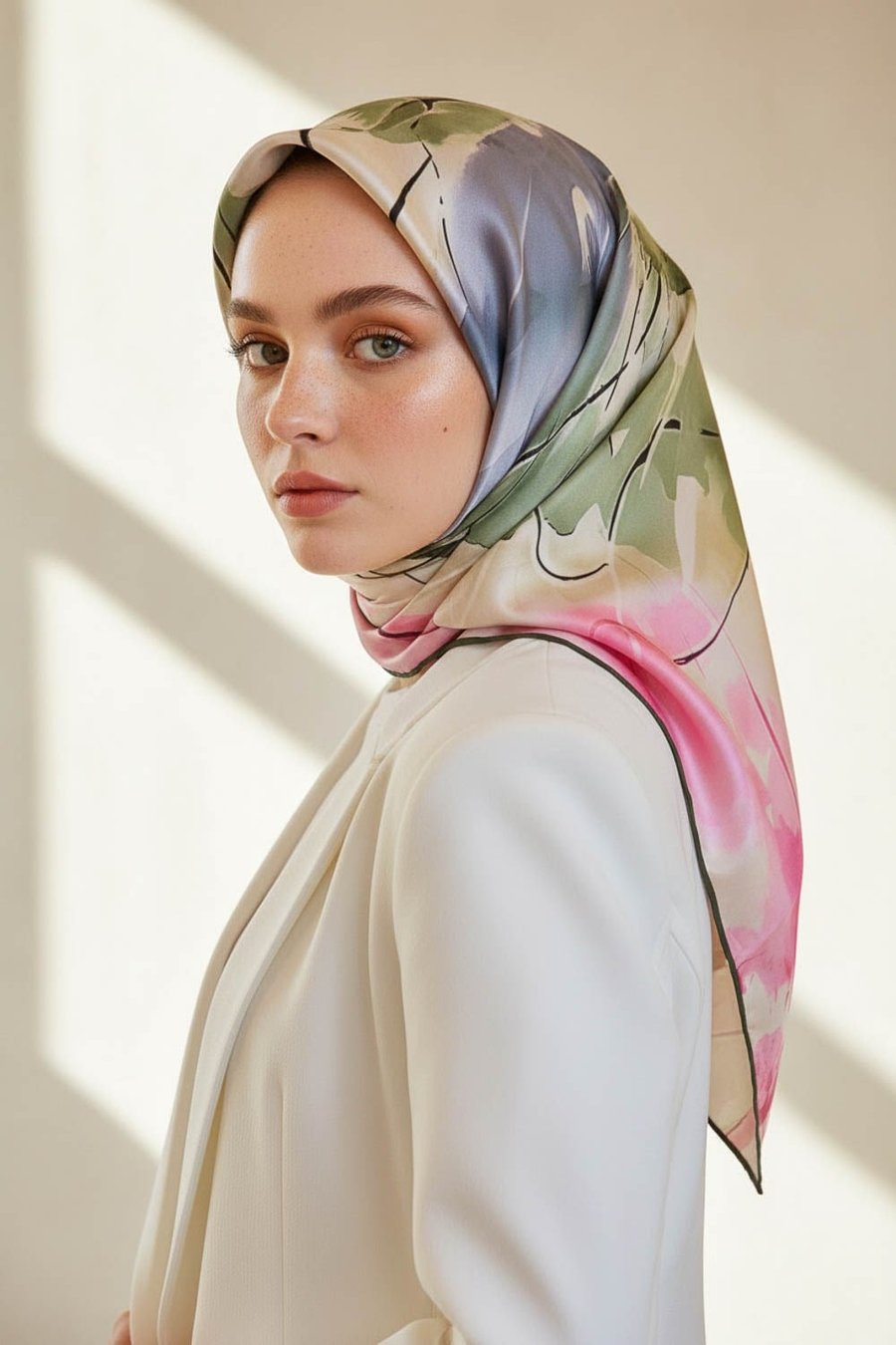%100 Twill İpek Sulu Boya Çiçek Desenli Haki Renkli 90x90 Eşarp Dikim Şekli : El Dikişi