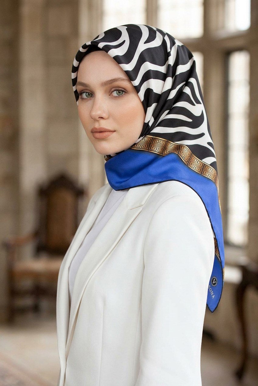 % 57 İPEK % 43 VİSKON Twill İpek Zebra Desenli Saks - Siyah Renkli 90x90 Eşarp Dikim Şekli : El Dikişi