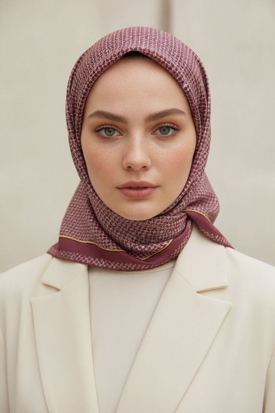 %100 Twill İpek Minik Motif Desenli Gül Kurusu - Krem Renkli 90x90 Eşarp Dikim Şekli : El Dikişi