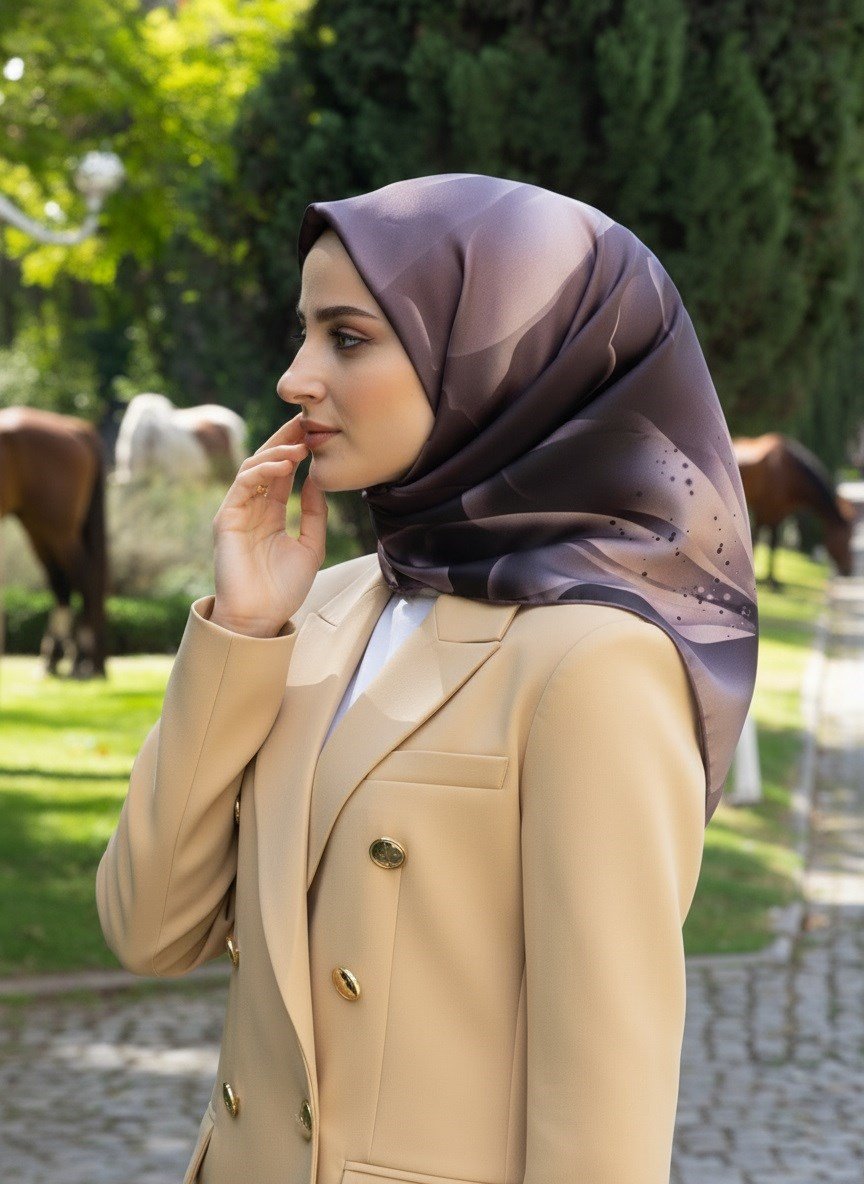 %100 Twill İpek Çiçek Desenli Vizon Renkli 90x90 Eşarp Dikim Şekli : El Dikişi
