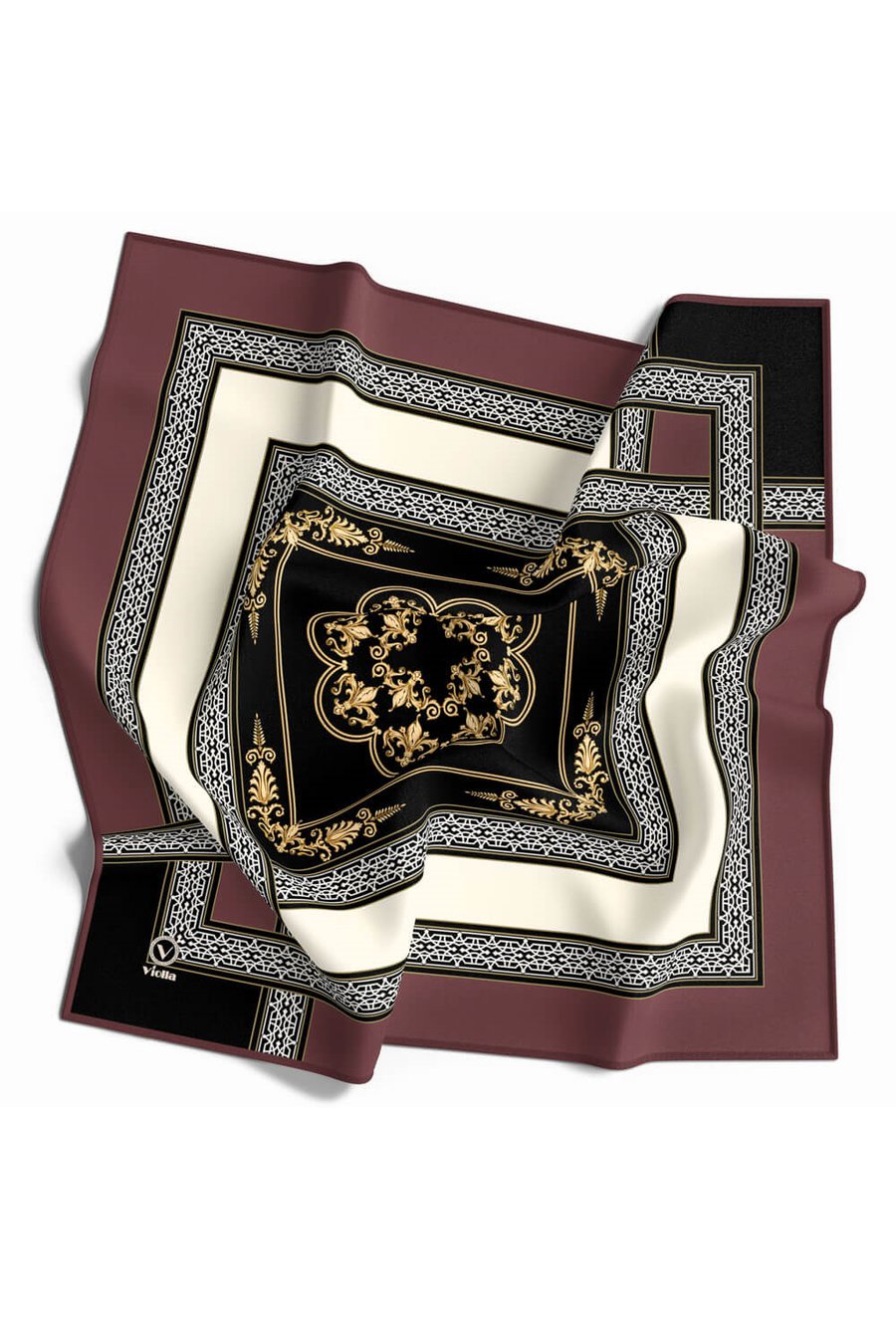 Twill Baroklu Bordür Desenli Gül Kurusu Renkli 90x90 Eşarp (İpek İçermez) Kenar Dikiş Şekli El Dikişli