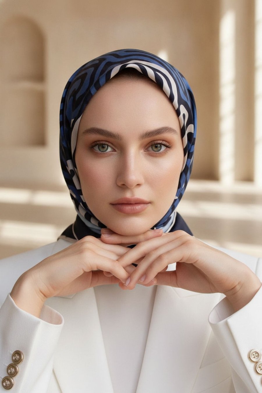 100% Twill İpek Bordürlü Dalga Desenli İndigo - Lacivert Renkli 90x90 Dikim Şekli : El Dikişi Eşarp