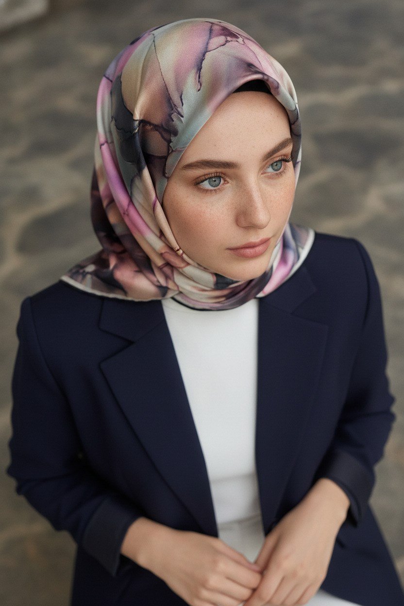 %100 Twill İpek Batik Çiçek Desenli Somon - Lila Renkli 90x90 Eşarp Kenar Dikiş Şekli El Dikişli