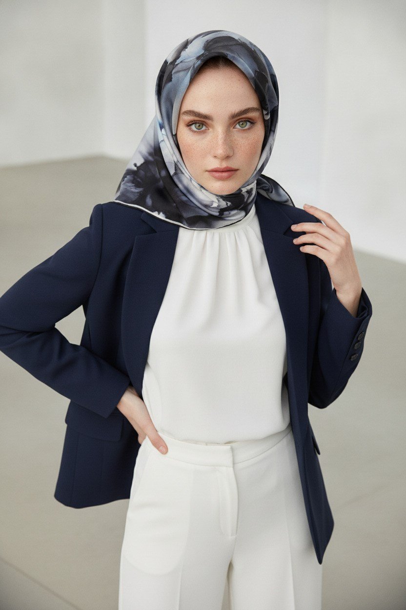 % 57 İPEK % 43 VİSKON Twill İpek Batik Çiçek Desenli Gri - İndigo Renkli 90x90 Eşarp Kenar Dikiş Şekli El Dikişli
