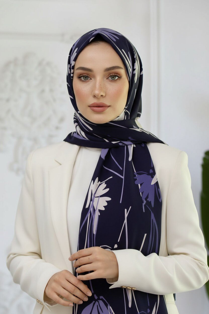 KREP ÇİÇEK DESENLİ LACİVERT RENKLİ 75X195 KIRIŞMAZ ŞAL