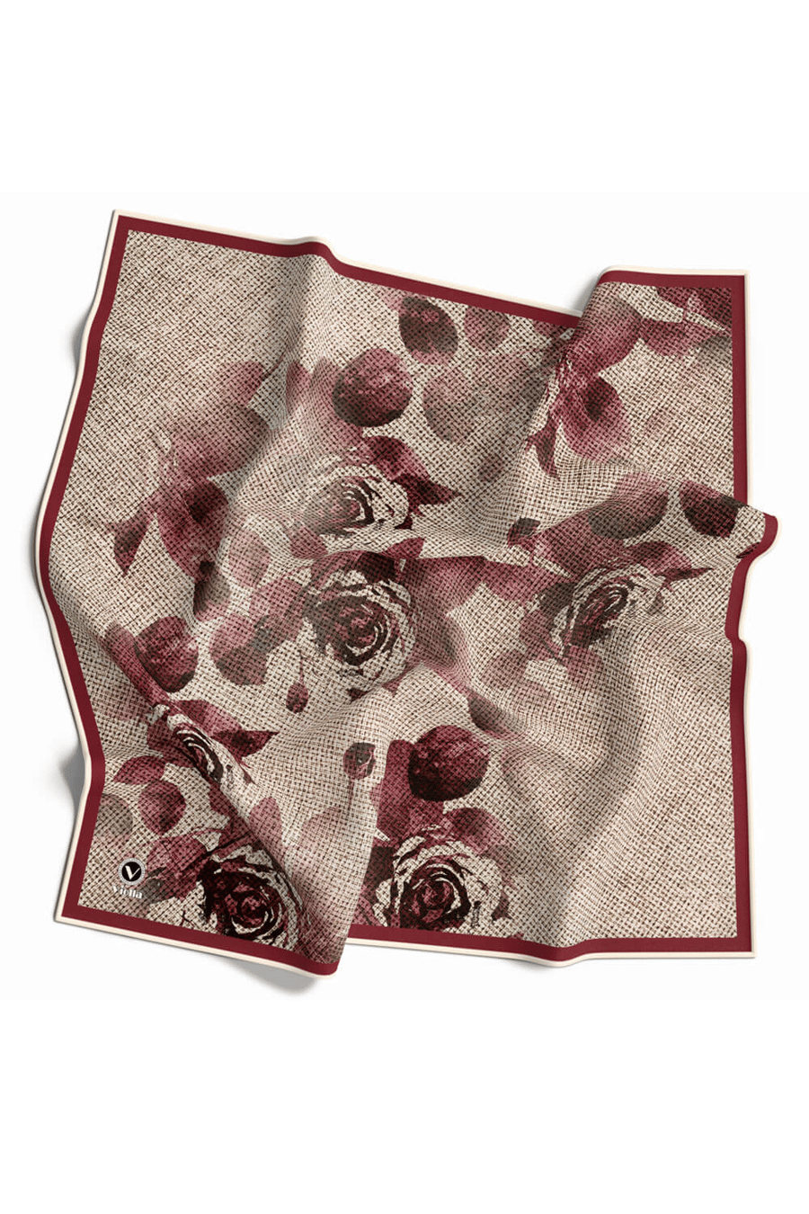 Twill Gül Desenli Bordo Renkli 90x90 Eşarp (İpek İçermez) Kenar Dikiş Şekli El Dikişli