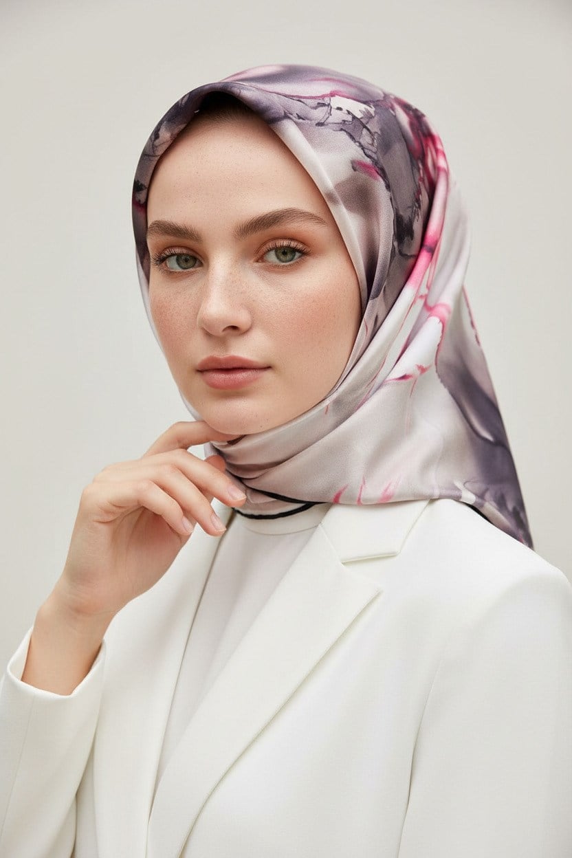 %100 Twill İpek Batik Çiçek Desenli Gri - Pembe Renkli 90x90 Eşarp Kenar Dikiş Şekli El Dikişli