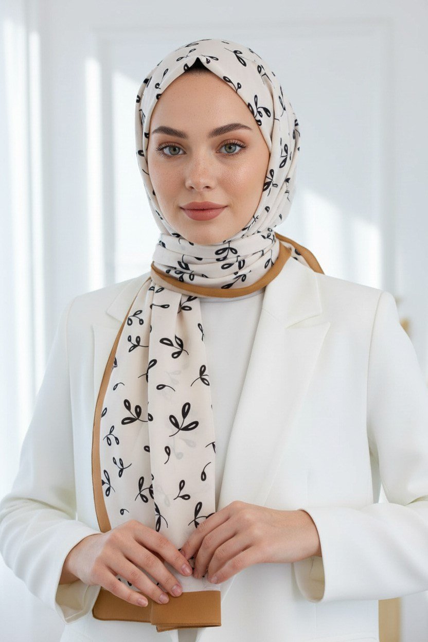 KREP YAPRAK DESENLİ KREM - HARDAL RENKLİ 75X195 KIRIŞMAZ ŞAL