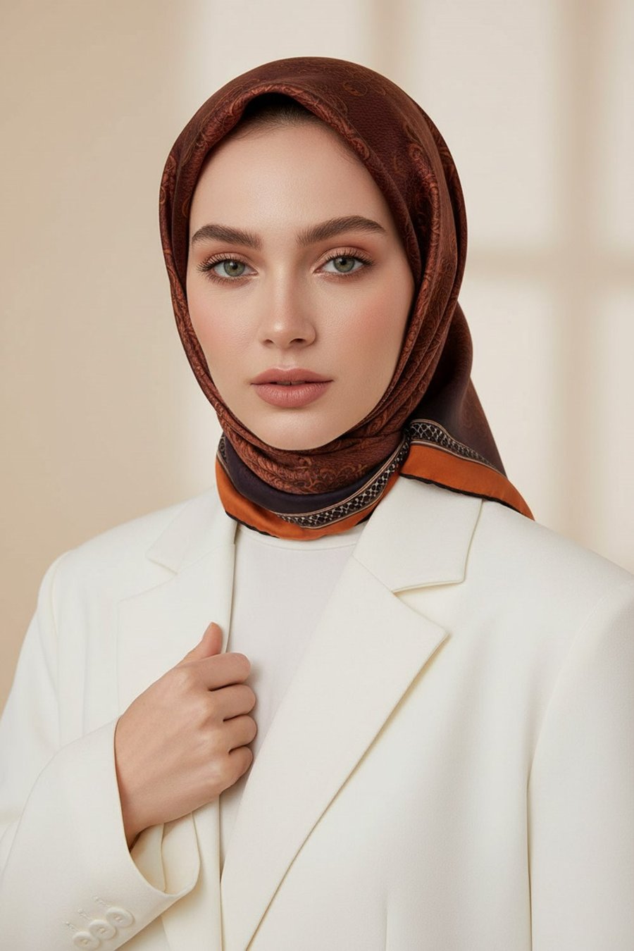 % 57 İPEK % 43 VİSKON Twill Barok Desenli Taba Renkli 90x90 Eşarp Dikim Şekli: El Dikişi